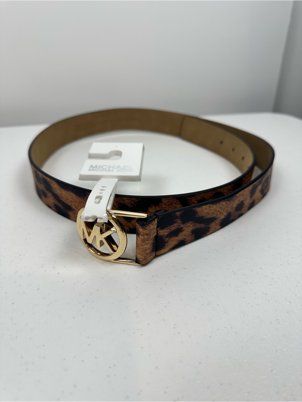 MICHAEL KORS WOMEN LEATHER BELT MK LOGO GOLD BUCKLE‎ CHEETAH LEOPARD PRINT Sz L